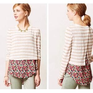 Anthropologie Postmark Ginny Striped Mixed Media Floral Sweater, Size Medium